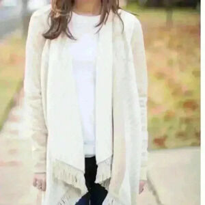 Anthropologie Saturday Sunday Fringe Elise Blanket Cardigan - Tan Neutral - Sz M